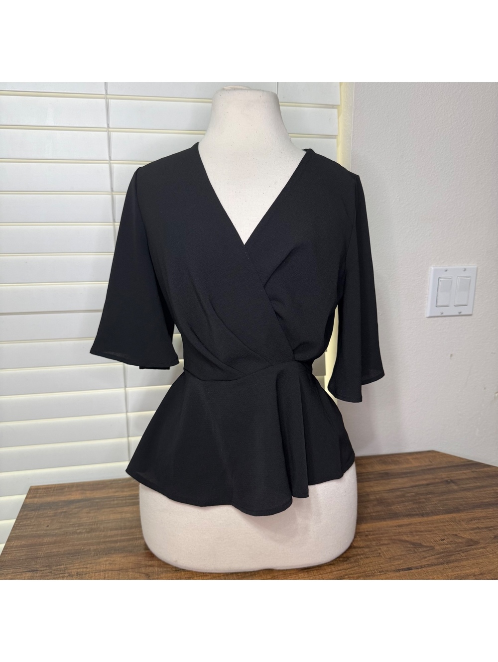 Papaya Black Wrap Peplum Blouse with Bell Sleeves Size Small